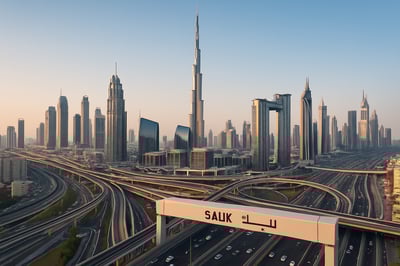 Dubai skyline with major highways and Salik toll gate