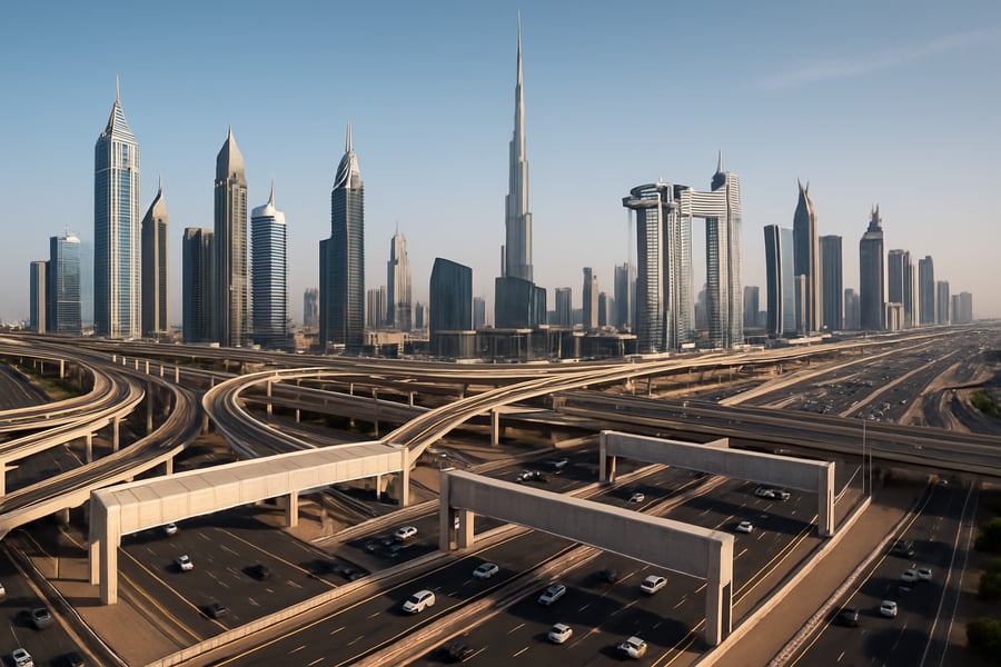 Dubai skyline with modern highways and toll gates