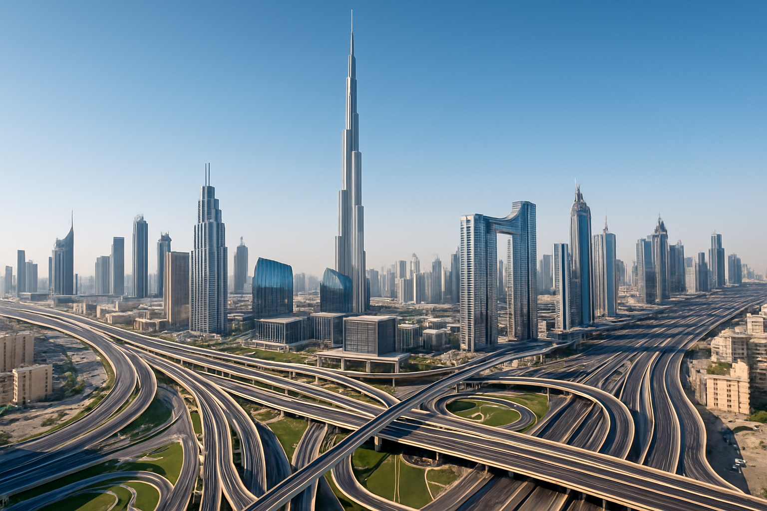 Dubai skyline with efficient road network